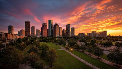 A cityscape at sunrise/sunset features a park foreground, skyscrapers, and colorful clouds. Used for urban tourism, real estate, or environmental campaigns. 