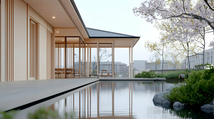 Fototapeta premium Modern Japanese House Exterior With Garden Pool And Cherry Blossom Tree