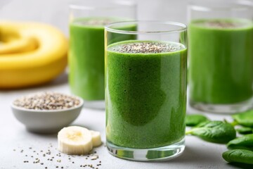 Green smoothies with banana, spinach and chia seeds in glass cups on white table close-up, healthy...