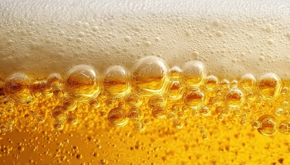 A close-up of frothy beer with bubbles. Used in beverage ads, pub menus, or social event promotions. Symbolizes relaxation, celebration, and communal joy.