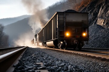 Train carrying bulk cargo moving along tracks through a mountainous region with visible smoke and dramatic lighting.