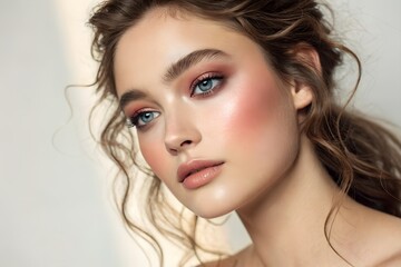 Close-up portrait of a beautiful woman with soft makeup, glowing skin, and wavy hair, with a natural, fresh look.