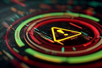 Abstract image of warning symbol in glowing yellow triangle, surrounded by red, green and beige concentric circles on dark background, showcasing technology, alert, or warning concept