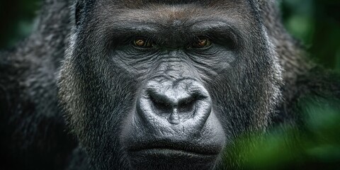 Obraz premium A detailed close-up of a gorilla’s face amidst jungle foliage. Suitable for wildlife documentaries, conservation campaigns, or primate studies