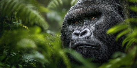 Obraz premium A detailed close-up of a gorilla’s face amidst jungle foliage. Suitable for wildlife documentaries, conservation campaigns, or primate studies