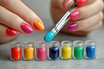 Vibrant nail painting session with colorful art supplies on a tabletop