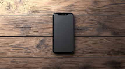 Black Smartphone on Rustic Wooden Surface with Natural Wood Grain Texture for Tech Product Photography