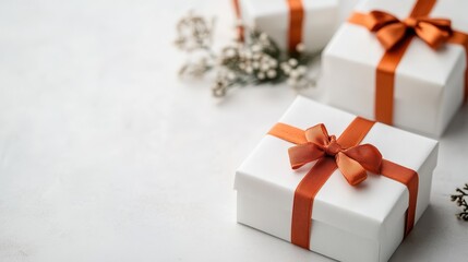 Stylish white gift boxes wrapped with eye-catching orange ribbons represent the essence of celebration, joy, and memorable moments, perfect for gifting loved ones.