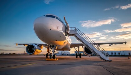 A white airplane on tarmac with boarding stairs under sunset skies. Ideal for aviation ads, travel agencies, or technological innovation visuals.