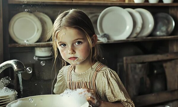 Young girl washing dishes, bubbles and soapy plates.