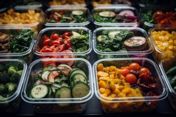 ready to eat vegetable salads in plastic boxes sold in a fridge