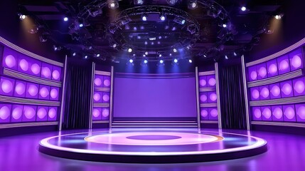 A purple-themed stage with circular platform, curved screens, and neon lights. Used in concert visuals, tech conferences, or award ceremonies. 