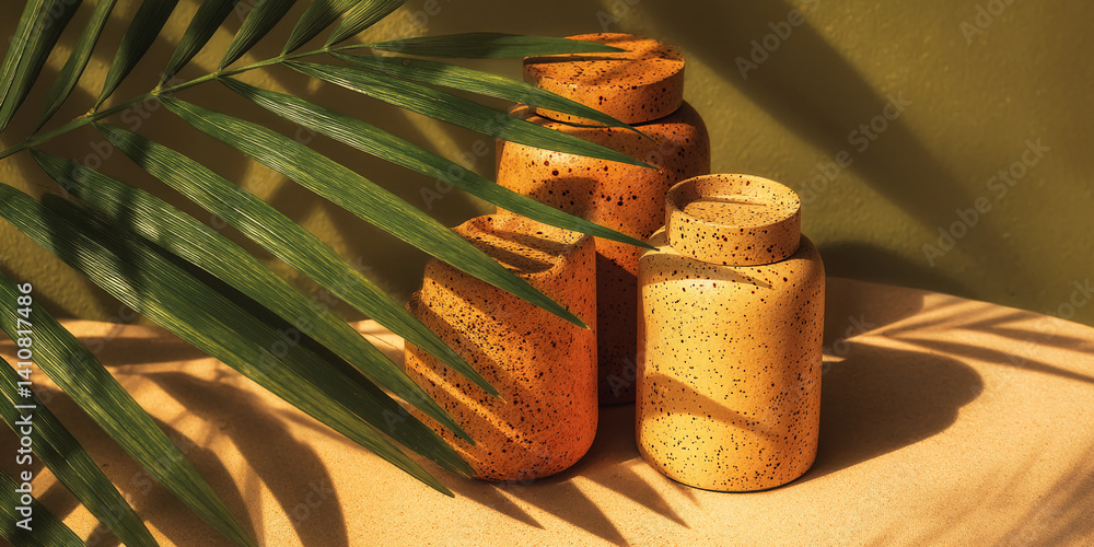 Poster three speckled orange containers with lids sit on a beige surface, partially obscured by a palm leaf