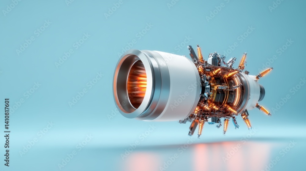 Poster an advanced jet engine design featuring illuminated internal components, highlighting cutting-edge t