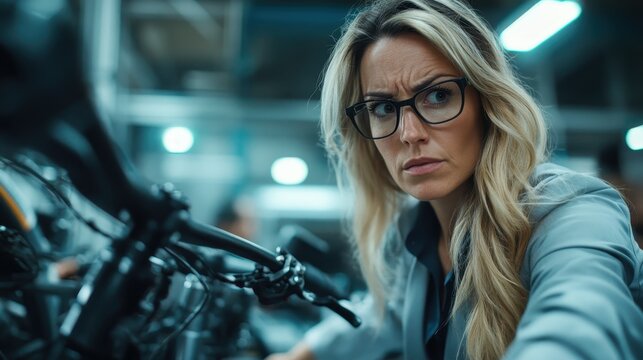 A determined woman wearing glasses meticulously inspects bicycle machinery, representing dedication and intellectual rigor in a contemporary engineering environment.