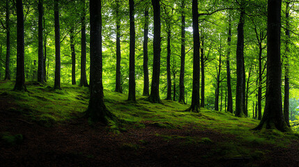Naklejka premium A serene forest landscape showcasing vibrant green foliage and tall trees