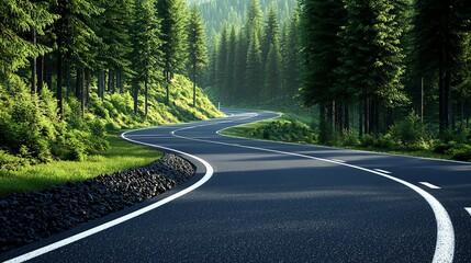 Obraz premium A serene winding road surrounded by lush greenery and tall trees, inviting travelers to explore the tranquil landscape. Perfect for promoting adventure and nature escapes.