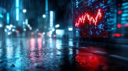 A vibrant urban scene showing a digital stock market display amid rain-soaked streets, reflecting bright colors and conveying a sense of financial dynamics and activity.