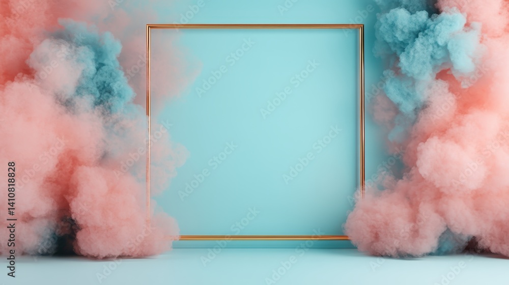 Poster an empty golden frame set against a backdrop of soft pink and blue smoke clouds, inviting creativity