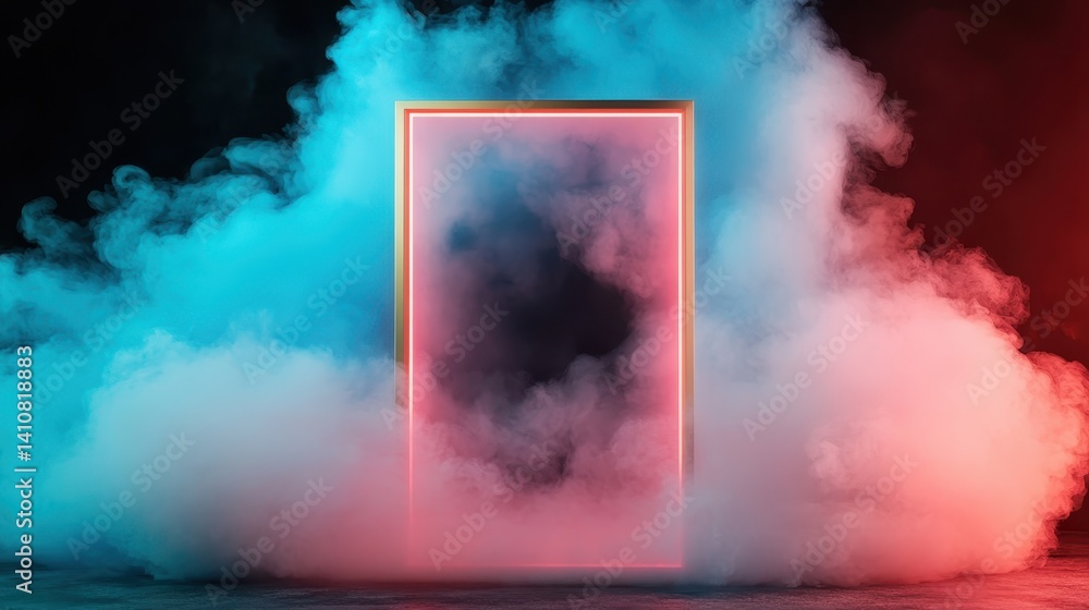 Poster a stunning visual of colorful smoke clouds swirling around an empty frame, perfect for expressing cr