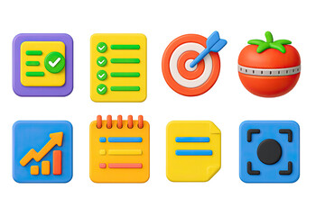 3D icon set of productivity tools: task manager, checklist, goal tracker, pomodoro timer, productivity chart, daily planner, note icon, focus mode.