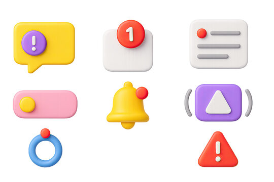 3D icon set of app notifications: push alert, badge counter, bell icon, notification panel, app banner, vibration icon, reminder ring, system alert.