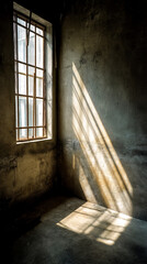 Sunlit corner in a grunge room, showcasing a barred window and textured wall, symbolizing confinement, hope, or the passage of time