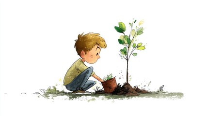 Boy plants sapling, nurturing nature, symbolizing growth and environmental responsibility.