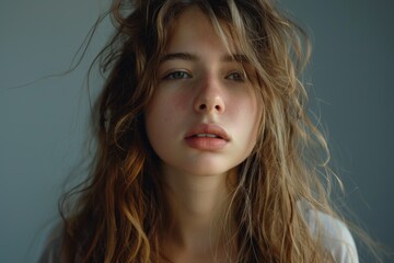 Portrait of a defiant girl isolated on a gray background