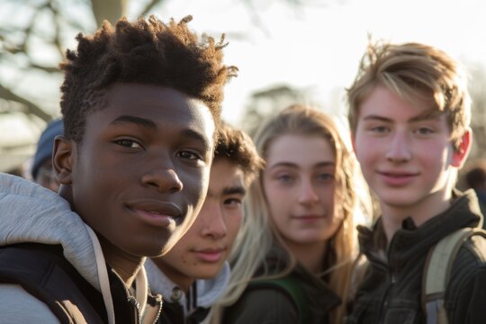 Portrait of a group of high school students looking at camera after school