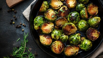 Roasted brussels sprouts in cast iron pan