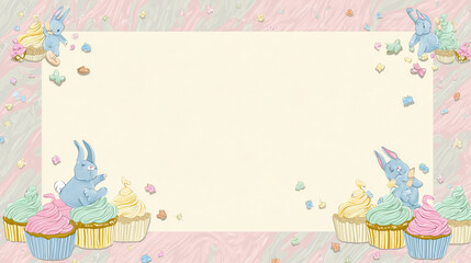 This soft buttercream-toned Easter background features cute cartoon bunnies and cupcakes nestled in the lower corners. A wide open middle area ensures flexibility for use in cards, announcements, or c