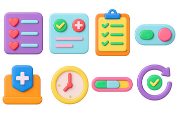 3D icon set of healthcare task management: to-do list, task card, checklist clipboard, status toggle, label tab, time tracker, progress bar, recurring task icon.