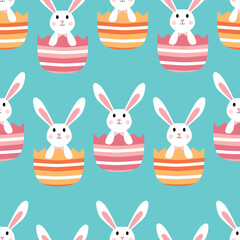 Seamless Easter pattern with bunny and eggs on blue background. 