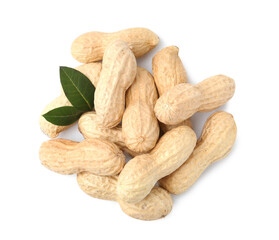 Pile of unpeeled peanuts isolated on white, top view