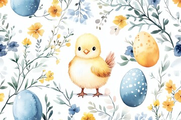 Watercolor Easter seamless pattern with chick, eggs and floral