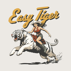 Easy Tiger Cowgirl Riding Tiger Retro Wild Print Design