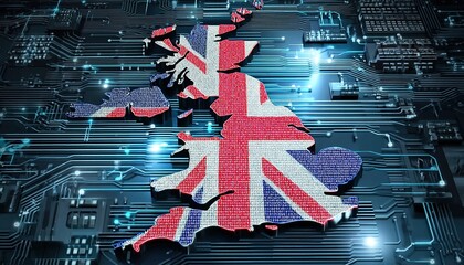A UK flag merged with circuit board motifs. Suitable for tech-nationalism campaigns, innovation reports, or educational infographics.