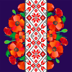 Symbolic vector illustration depicting a traditional Ukrainian embroidery pattern surrounded by bright red poppies around the edge. This work embodies love for Ukraine, national pride.