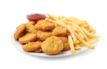 Tasty chicken nuggets and french fries with sauce isolated on white