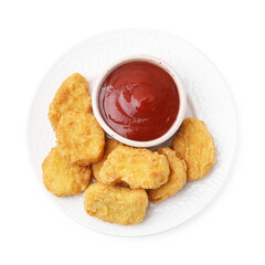 Tasty chicken nuggets with sauce isolated on white, top view
