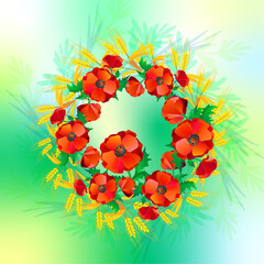 A bright and colorful vector illustration of a traditional Ukrainian wreath made of vibrant red poppies and golden wheat spikes. 