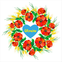 A bright and colorful vector illustration of a traditional Ukrainian wreath made of vibrant red poppies,  and golden wheat spikes. Symbolizing peace, heritage, and the beauty of the Ukrainian countrys