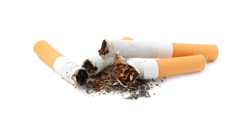 Cigarette butts isolated on white. Smoking habit