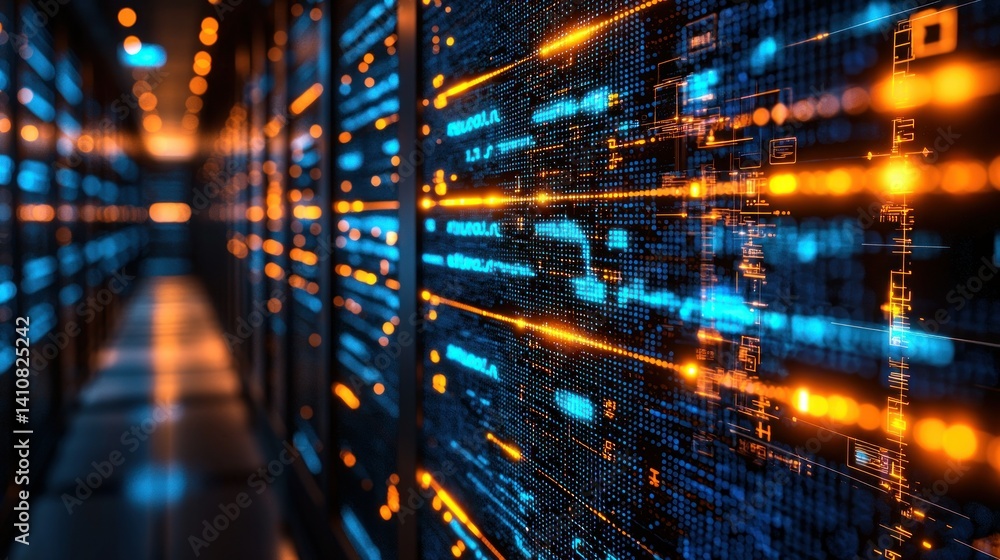 Poster servers data center corridor filled with illuminated, complex equipment arrays