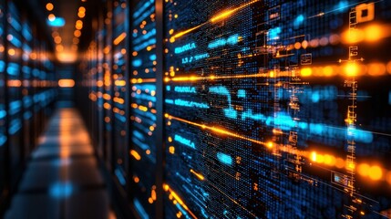Servers Data center corridor filled with illuminated, complex equipment arrays