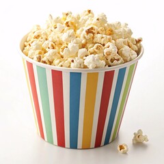 Colorful Striped Popcorn Container Overflowing with Freshly Popped Corn and Scattered Pieces