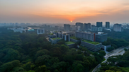 Obraz premium Sunrise View Of Urban Cityscape With Lush Trees And Modern Buildings