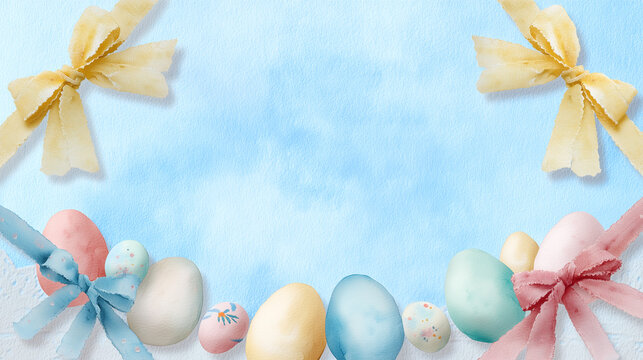 This soft baby blue Easter backdrop includes delicate watercolor eggs and ribbon bows gently placed on each side. The middle is kept open for personalized messaging, perfect for card templates, invite