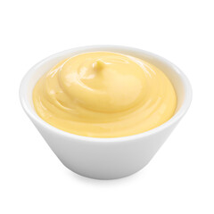 Tasty cheese dipping sauce in bowl on white background